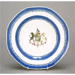 A Chinese export armorial soup plate, centrally decorated in famille rose enamels with the arms o...