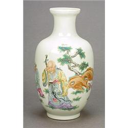 An egg-shell 'famille-rose' vase, delicately enamelled on one side with Shou Lao and two boys car...