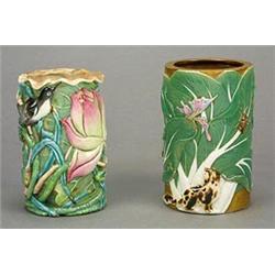 A 'famille-rose' brushpot moulded in the form of a lotus leaf; together with a brushpot moulded w...