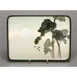 A Japanese cloisonne tray, finely enamelled with a view of Mount Fuji and pine trees in the foreg...