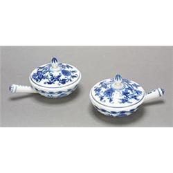 A set of six Meissen (outside decorated) 'Onion' pattern cocottes and covers with pan handles, ty...