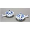 A set of six Meissen (outside decorated) 'Onion' pattern cocottes and covers with pan handles, ty...