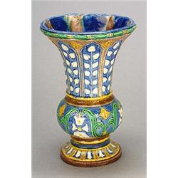 A French (Georges Pull) Palissy-style vase, with flared neck above globular lower section, linear...