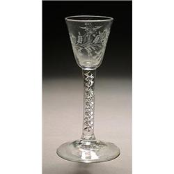 An engraved airtwist wine glass, the round funnel bowl engraved and polished with a bird in fligh...