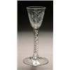 Image 1 : An engraved airtwist wine glass, the round funnel bowl engraved and polished with a bird in fligh...