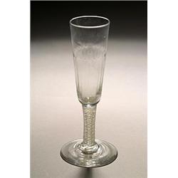 An opaque-twist ale glass or ratafia, the slender conical bowl with a hammered flute lower sectio...