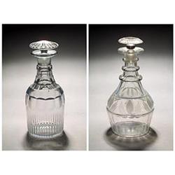 Two cut decanters and stoppers, comprising; a mallet-shaped decanter and mushroom stopper cut wit...
