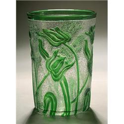 A Webb's 'Cameo Fleur' cylindrical vase, clear vermicular glass overlaid in green, 20.5cm high, r...