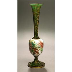 A Bohemian opaque-white overlay and green vase, the opaque-white globular central section painted...