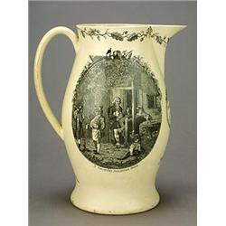 A large creamware Liverpool-printed oviform dated commemorative jug, printed in black with two ov...