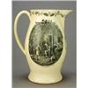 A large creamware Liverpool-printed oviform dated commemorative jug, printed in black with two ov...