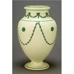 A Wedgwood & Bentley 'Queens Ware' ovoid vase on domed foot, the tapered neck painted in pale-gre...