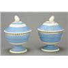 Image 1 : A pair of pearlware pale-blue-ground pedestal sugar bowls and domed covers, each with an acorn fi...