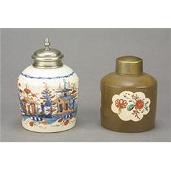 A pearlware cylindrical tea canister, Staffordshire or Derbyshire, painted with three panels of s...