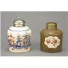 A pearlware cylindrical tea canister, Staffordshire or Derbyshire, painted with three panels of s...