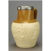 Image 1 : A Turner salt-glazed stoneware Sheffield plate mounted jug, applied with figures at a cock fight...