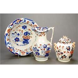 A Jonathon Lowe Chetham Stone China 'Amherst Japan' pattern ewer and basin, printed in blue and p...