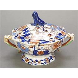 A Mason's Ironstone octagonal two-handled sauce tureen and cover with dog of Fo finial, printed i...