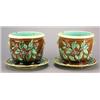 Image 1 : A pair of majolica jardinières and stands, each moulded in relief with berried holly and a pair o...