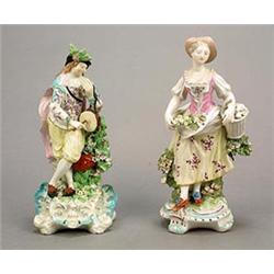 Two Derby figures, comprising; a model of a woman in rustic dress, a basket of eggs on one arm, f...