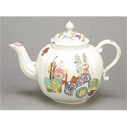 A Derby quatrefoil section teapot and a cover, painted in colours with two Chinese figures beside...