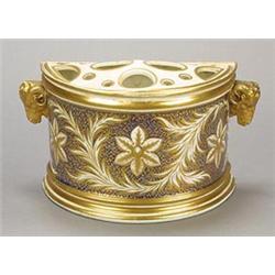 A Derby demi-lune Bough pot and pierced liner, gilt with three flowerheads and scrolling foliage,...