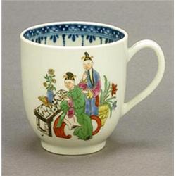 A Worcester coffee cup, printed in black and painted in colours with oriental figures taking tea,...