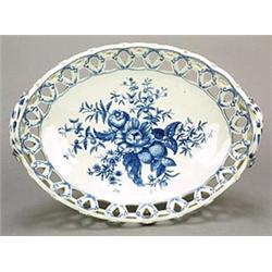 A Worcester pierced oval two-handled basket, printed in blue with the 'Pinecone' pattern, 28cm in...