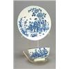 A Worcester blue and white teabowl and saucer, printed with three Chinese figures on a garden ter...