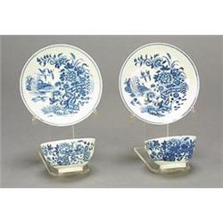 A pair of Worcester blue and white teabowls and saucers, printed with the 'Fence' pattern, blue c...