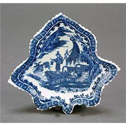 A Caughley leaf-shaped blue and white pickle dish, printed with the 'Fisherman and Cormorant' pat...