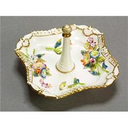 A Minton bone china quatrefoil flower-encrusted ring stand, with a central stand within elaborate...