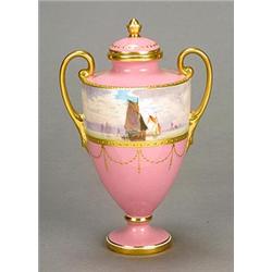 A Mintons pale-pink-ground porcelain two-handled urn-shaped jar and cover painted by J.E. Dean be...