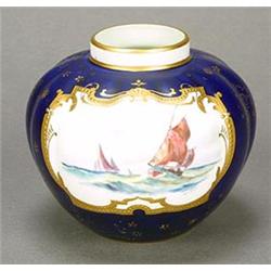 A Royal Crown Derby dark-blue-ground globular vase painted by W.E.J. Dean, painted with a panel o...