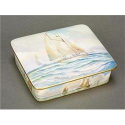 A Royal Crown Derby cigarette box and cover painted by W.E.J. Dean with a yacht, 11cm wide, cover...