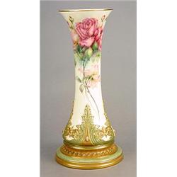 A Royal Worcester tall waisted vase painted by H. Chair, decorated with pale-pink roses, the lowe...