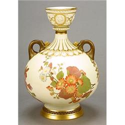 A Royal Worcester two-handled globular vase with a flared bucket neck, printed, painted and gilt...