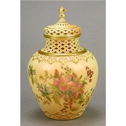 A Royal Worcester ivory-ground globular pot-pourri vase and pierced cover with pierced neck, prin...