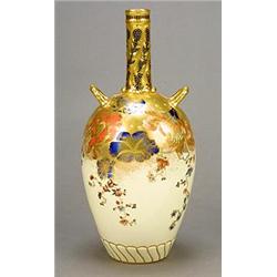 A Royal Crown Derby ivory-ground ovoid two-handled vase with tall cylindrical neck, the shoulder...