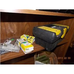 SMALL YELLOW TOOL BOX WITH NEW STAPLES & LOT OF HINGES
