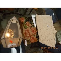 LEADED GLASS PLANT HOLDER, ROSE PAINTED GLASS & LACE TABLE CLOH
