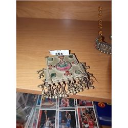 AMULET - INDIAN - SQUARE - RED & GREEN  - PINK CRESCENT MOON - (SOME STONE LAY BE MISSING)