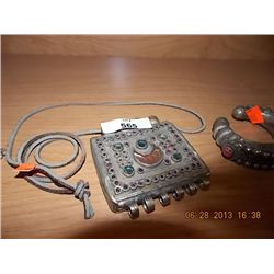 AMULET GAU BOX - INDIAN - SQUARE - RED & GREEN -CRESCENT MOON - LEATHER TIE - (SOME STONE LAY BE MIS