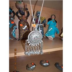 NORTHERN INDIA - AMULET CONVEX SURYA SUN - CHAINS HANGING DOWN WITH BANGLES - DECORATED WITH HEARTS 