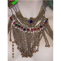 INDIAN CHOKER - CHAINS HANGING DOWN WITH GHUNGRUS (SMALL BELLS) - RED, BLUE & GREEN BEADS (SOME MAY 
