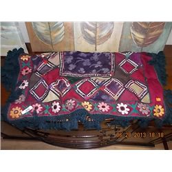 HAND CRAFTED TABLE COVER - RED & BLACK WITH TASSLES