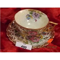 CUP (3 FEET ) AND LACE EDGE SAUCER - SMALL CHIP ON CUP - CASTLE CHINA HAND PAINTED