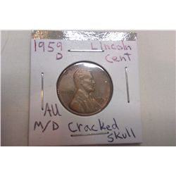 1959D AU Licoln Cent **M/D Cracked Skull**