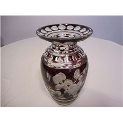 Antique Bohemian Czech Deep Ruby Red Cut to Clear Crystal Vase 11 1/2" Tall