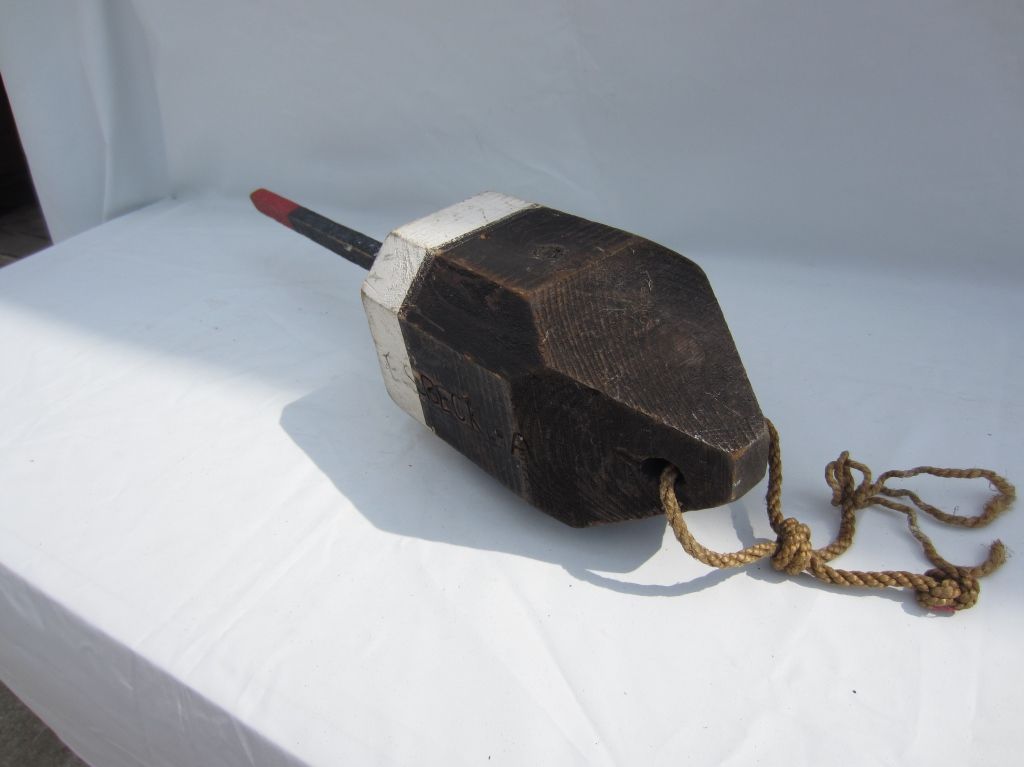 Antique Lobster Fishing Buoy Marker Black White Vintage solid wood